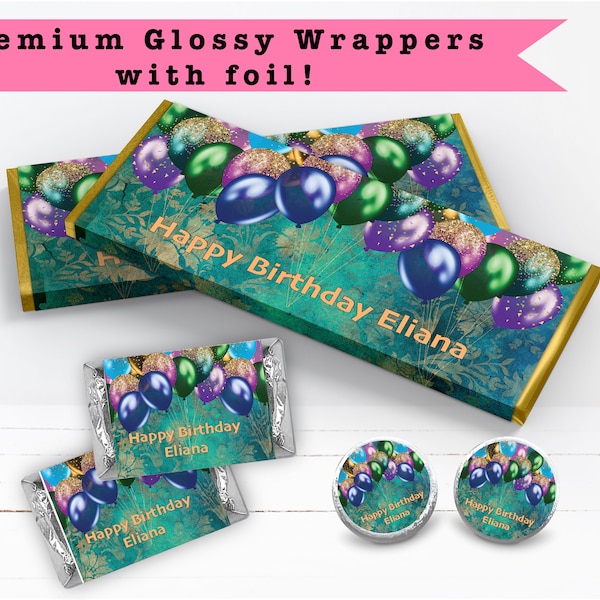 Peacock Glitter Confetti Balloon Mardi Gras Teal Damask Feather PRINTED CANDY BAR Wrappers Chocolate Bar Kiss Stickers Labels