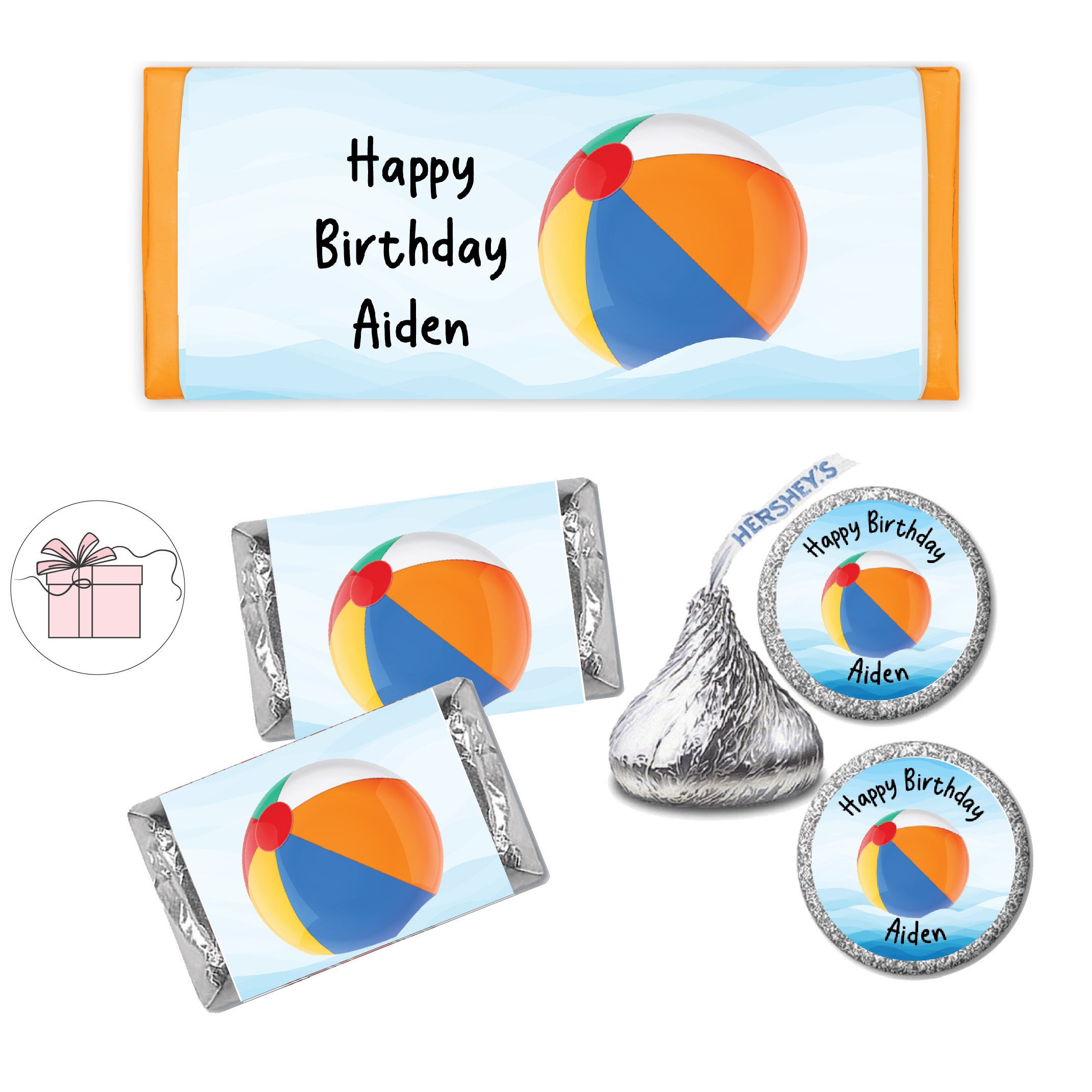 Beach Ball Summer Pool Party Splish Splash Bright Colorful   - PRINTED Candy Bar Wrappers Chocolate Labels Kiss Stickers