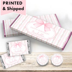 Vintage Pink Bow Floral Elegant French Toile De Jouy Brunch with Bow Hershey chocolate bar wrappers, mini candy labels kiss stickers