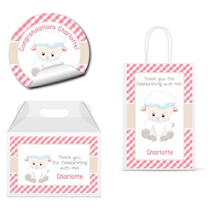 Little Lamb Baby Sheep Pink Gingham Pattern For Girls Cute - PRINTED GLOSSY LABELS - For Party Favor Gift Bag Gable Box Round Square Sticker