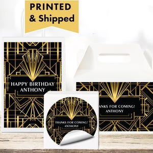 Elegant Gatsby Art Deco Roaring 20s Black Gold Geometric PRINTED GLOSSY LABELS For Party Favor Bag Gable Box Gift Bags Round  Sticker GA02