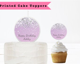 Adorno para tarta con forma de vela, personalizado, con purpurina, de lujo, holográfico, plateado, morado y lavanda
