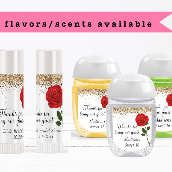 Be Our Guest Enchanted Rose Fairytale Gold Glitter Elegant  Lip Balms Chap Stick or Hand Wash - Best Party Favor Idea