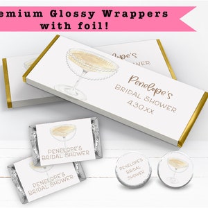 Pearls & Prosecco Bridal Shower Champagne Glass Watercolor Fancy Elegant PRINTED CANDY BAR Wrappers Chocolate Bar Kiss Stickers Labels