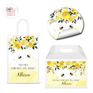 Bumble Bee Yellow Floral Flowers Bee-Day - PRINTED GLOSSY LABELS - For Party Favor Bags, Gable Boxes, Gift Bags, Round Square Stickers -