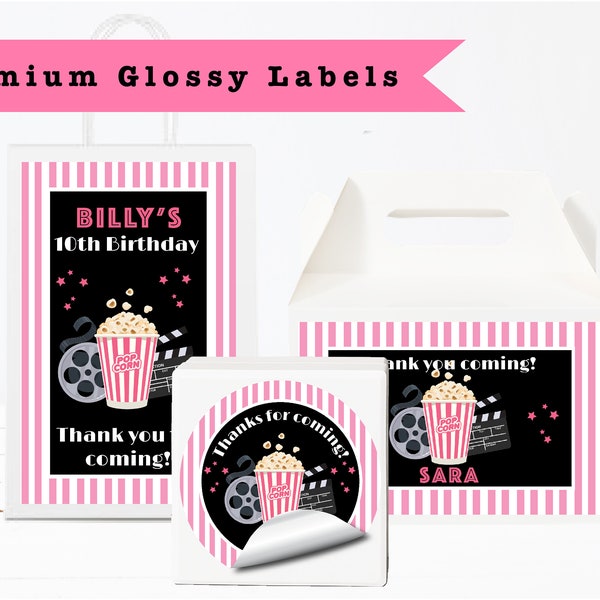 Movie Theatre | Cinema Film Popcorn | Movie Night - PRINTED GLOSSY LABELS - For Party Favor Bag, Gable Boxes, Round Gift Square Sticker