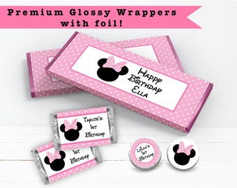 Mouse Head Minnie Inspired Pink & Black - PRINTED CANDY BAR Wrappers Labels  Chocolate Kiss Stickers -