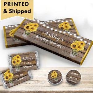 Rustic Sunflower String Lights Wood Floral Beautiful Watercolor - PRINTED CANDY BAR Wrappers Labels Chocolate Kiss Stickers  SU01