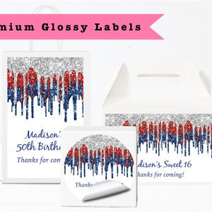 Red White And Blue  Silver Dripping Luxury Glitter 4th of July Patriotic USA Printed GLOSSY LABEL Party Favor Gift Bag Gable Box Sticker