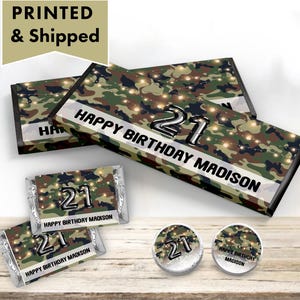 Camouflage Let's Party Green Black Camo String Light Elegant Army Military PRINTED CANDY BAR Wrappers Chocolate Bar Kiss Stickers Labels
