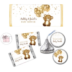 Beary Cute Gold Balloon Teddy Bear We Can Bearly Wait Watercolor  - PRINTED Candy Bar Wrappers Chocolate Labels Kiss Stickers