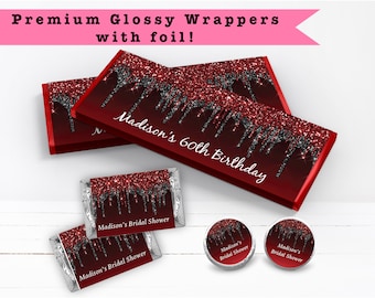 Red Black Dripping Glitter Metallic Sparkle Luxury Any Age or Occasion - PRINTED CANDY BAR Wrappers Chocolate Kiss Stickers -