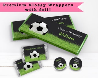 Soccer Ball Boy Sports Theme Kicking The Big One Black Green Stripes - PRINTED CANDY Bar Wrappers Labels  Chocolate Kiss Stickers -