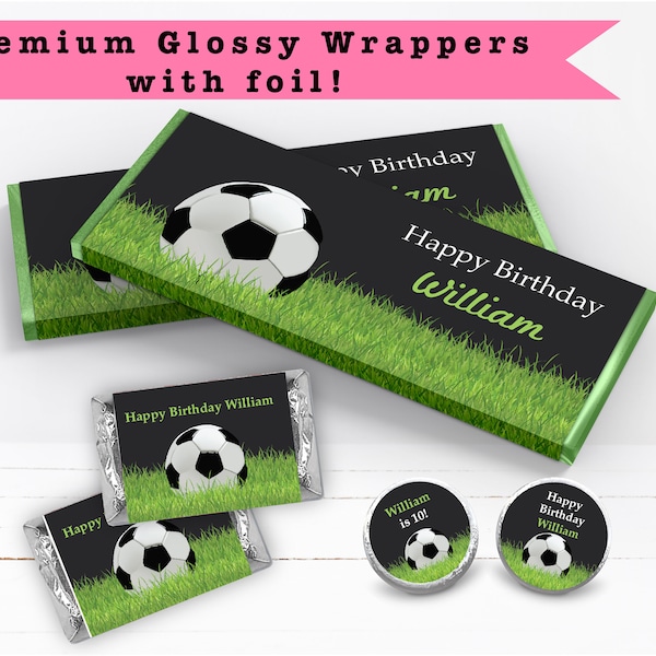 Soccer Ball Boy Sports Theme Kicking The Big One Black Green Stripes - PRINTED CANDY Bar Wrappers Labels  Chocolate Kiss Stickers -