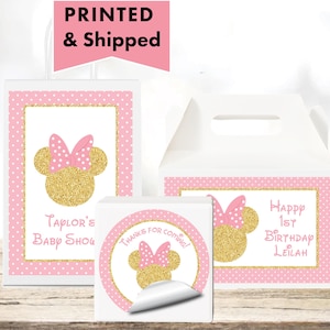 Mouse Head Minnie Inspired Pink & Gold  - PRINTED GLOSSY LABELS - For Party Favor Bags, Gable Boxes, Gift Bags, Round Square Stickers MI03