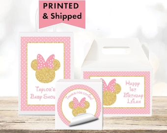 Mouse Head Minnie Inspired Pink & Gold  - PRINTED GLOSSY LABELS - For Party Favor Bags, Gable Boxes, Gift Bags, Round Square Stickers MI03