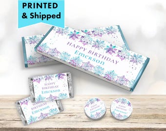 Winter Wonderland ONEDerland Purple Blue Pastel Glitter Snowflake Snow Hershey chocolate bar wrappers, mini candy labels kiss stickers
