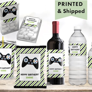 Game On, Level Up, Video Game Zone Truck Black Green Game Controller Chip bag, Water Bottle, Juice Pouch Tic Tac Wine Champagne Labels VI04