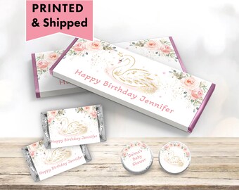Fancy Elegant Gold Swan Princess Pink Floral Roses - PRINTED CANDY WRAPPERS Chocolate Kiss Stickers Hershey Bar Wrappers Miniatures