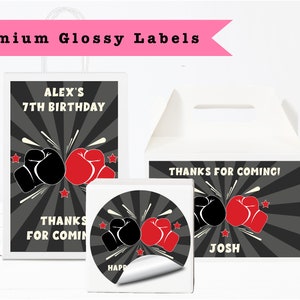 Boxing Themed Boxing Gloves - PRINTED GLOSSY LABELS - For Party Favor Bags, Gable Boxes, Gift Bags, Round Square Stickers