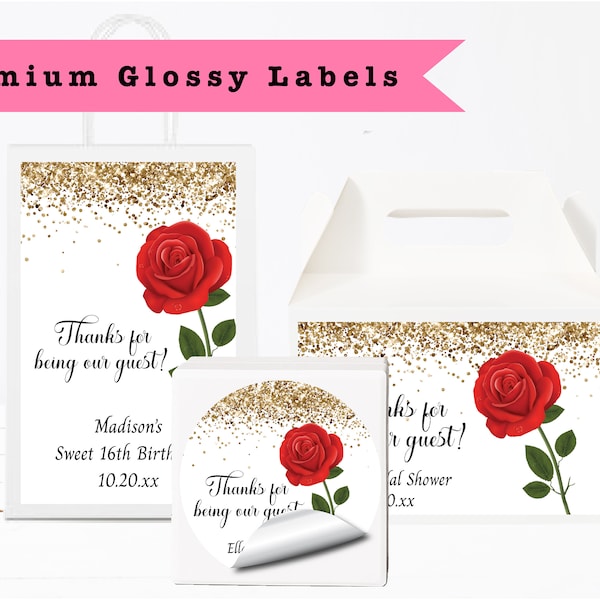 Be Our Guest Enchanted Rose Fairytale Gold Glitter Elegant  PRINTED GLOSSY LABELS For Party Favor Gift Bags Box Round Stickers