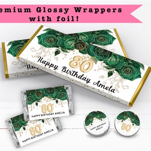 Any Age Emerald Green Floral Gold Glitter Balloon Number Elegant PRINTED CANDY BAR Wrappers Chocolate Bar Kiss Stickers Labels