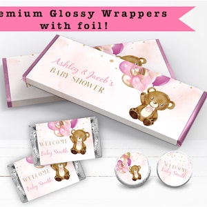 Beary Cute Blush Pink Gold Balloon Teddy Bear We Can Bearly Wait Watercolor - PRINTED Candy Bar Wrappers Chocolate Labels Kiss Stickers