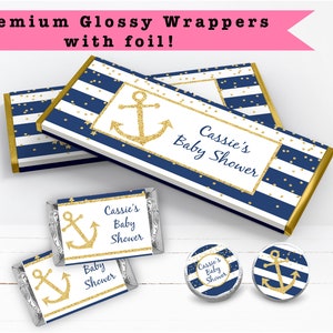 Nautical Anchor Navy Blue Stripes Gold Confetti  - Navy Blue Stripes - PRINTED Candy Bar Wrappers Chocolate Kiss Stickers -