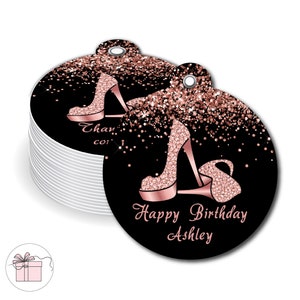 High Heels Stepping Into Fancy Elegant Rose Gold Glitter Woman Shoe - PRINTED GIFT TAGS - Thank You Card For Party Favor Bags or Gable Boxes