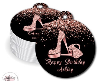 High Heels Stepping Into Fancy Elegant Rose Gold Glitter Woman Shoe - PRINTED GIFT TAGS - Thank You Card For Party Favor Bags or Gable Boxes