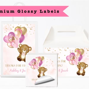 Beary Cute Blush Pink Gold Balloon Teddy Bear We Can Bearly Wait Watercolor  -  PRINTED GLOSSY LABELS - For Party Favor Gift Bag Box
