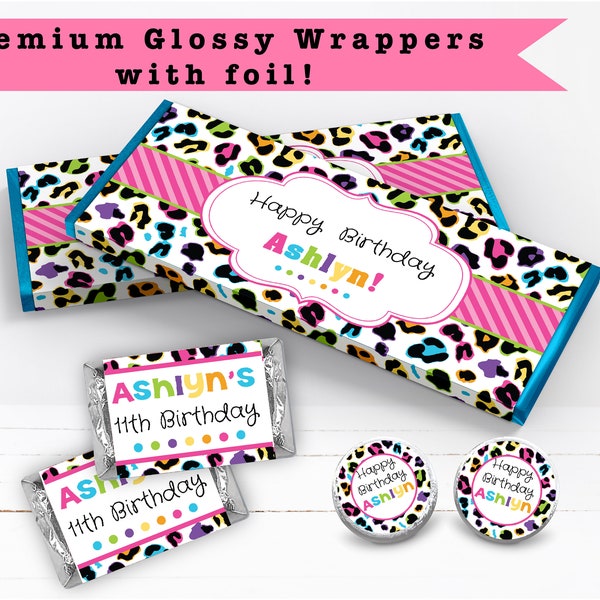 Modern Chick Cheetah Leopard  Animal Print Bright Colorful   - PRINTED CANDY BAR Wrappers Labels  Chocolate Kiss Stickers -