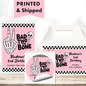 Bad TWO the Bone Minimalist Modern 2nd Birthday Skeleton Peace Hand Checkers Glossy Labels For Party Favor Bags, Gable Boxes  Round Stickers