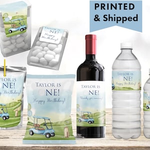 Golf Par-Tee Any Age Hole In One Let's Par-tee Golf masters Blue Chip bag, Water Bottle, Juice Pouch Tic Tac Wine Champagne Labels HO21