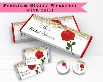 Be Our Guest Enchanted Rose Fairytale Gold Glitter Elegant  PRINTED CANDY BAR Wrappers Chocolate Bar Kiss Stickers Labels