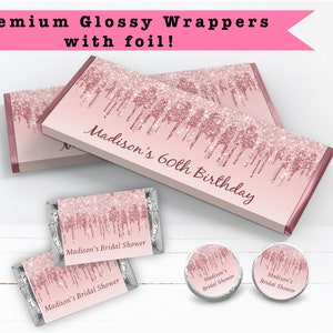 Ice Cream Pink Rose Gold Dripping Glitter Metallic Sparkle Luxury Any Age or Occasion - PRINTED CANDY BAR Wrappers Chocolate Kiss Stickers -