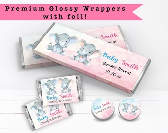 Elephant Gender Reveal - PRINTED CANDY WRAPPERS Chocolate Kiss Stickers -
