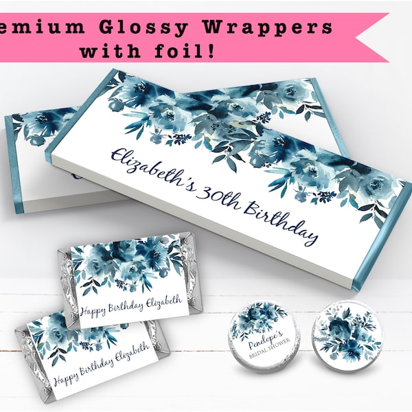 Elegant Navy Blue Indigo Peony Rose Floral Flowers Watercolor • Any Age Occasion - PRINTED CANDY BAR Wrapper Labels Chocolate Kiss Stickers