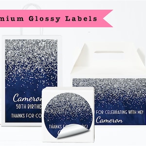 Navy Blue Silver Glitter Luxury Sparkle Any Age Occasion • PRINTED GLOSSY LABELS • Party Favor Gift Bags, Gable Boxes, Round Square Stickers