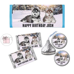 Cute Siberian Huskies Husky Puppy Dog Lover Paw-ty      - PRINTED Candy Bar Wrappers Chocolate Labels Kiss Stickers