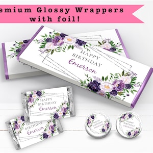 Purple Lilac Floral Flowers Silver Geometric Frame Elegant Watercolor  PRINTED CANDY BAR Wrappers Chocolate Bar Kiss Stickers Labels