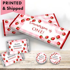 Strawberry Berry Sweet First Baby Shower Pink Gingham Summer - Hershey chocolate bar wrappers, mini candy labels, and kiss stickers