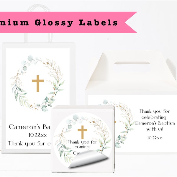 Eucalyptus Greenery & Gold Cross Floral - PRINTED GLOSSY LABELS - For Party Favor Bags, Gable Boxes, Gift Bags, Round Square Stickers -