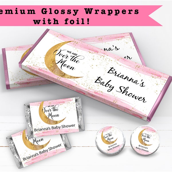 Over The Moon Pink Sky Gold Girl Baby Shower Twins Dreamy Stars  PRINTED CANDY BAR Wrappers Chocolate Bar Kiss Stickers Labels