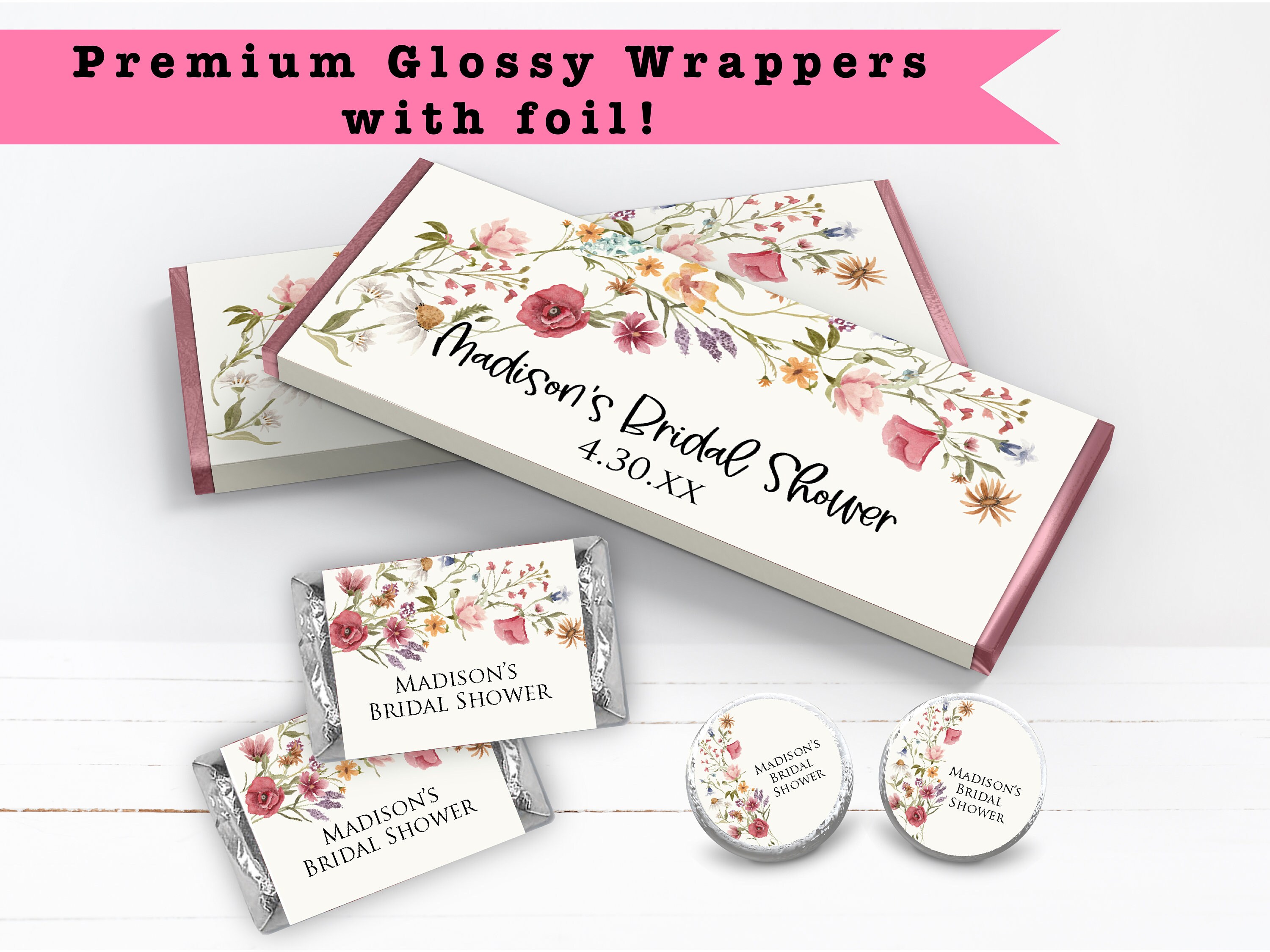 Love In Bloom Baby in Bloom Spring Floral Wildflower Meadow Garden Colorful PRINTED CANDY BAR Wrappers Chocolate Bar Kiss Stickers Labels