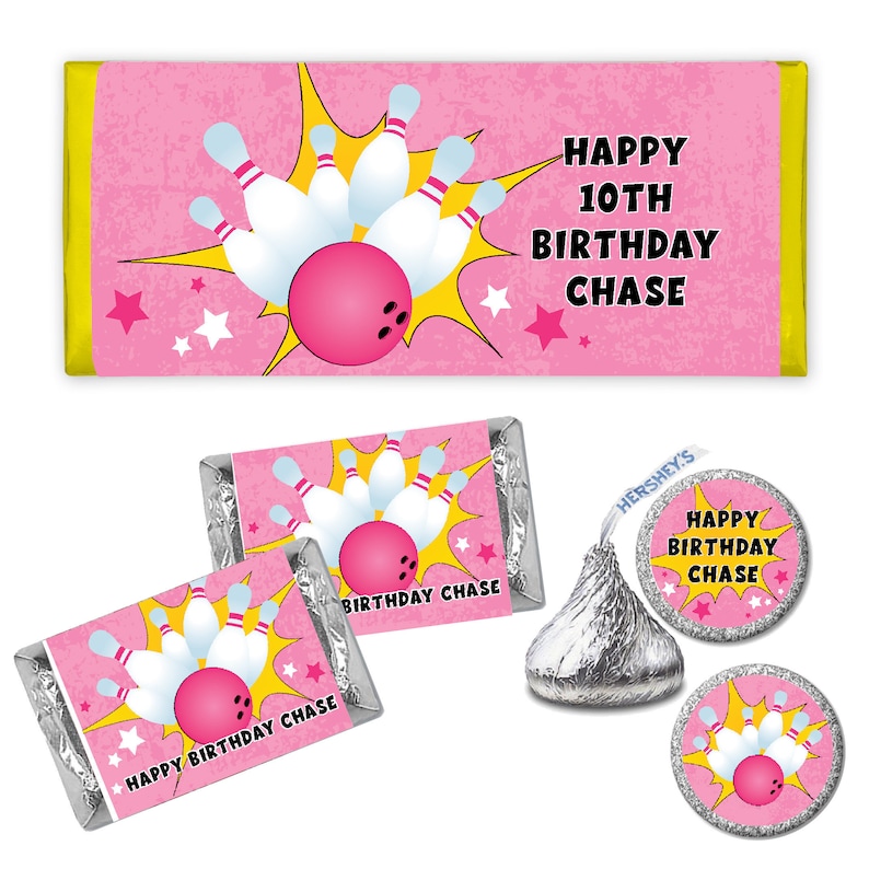 Bowling Lets Bowl Lets strike up some fun PRINTED CANDY BAR Wrappers Labels Chocolate Kiss Stickers
