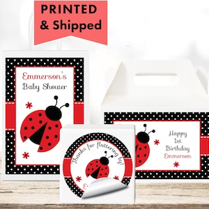 Red Ladybug Little Love Bug Cute Ladybug Black & Red Dots PRINTED GLOSSY LABELS - For Party Favor Gift Bags, Gable Box Round Stickers LA01