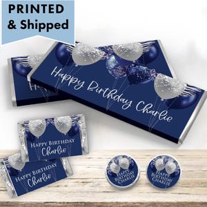 Navy Blue Silver Balloons Adult Man Guy Birthday Let's Party Fancy Elegant PRINTED CANDY BAR Wrappers Chocolate Bar Kiss Stickers Label BA31