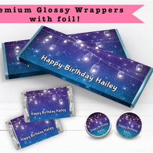 Space Universe Under the Stars Galaxy String Lights Teen Birthday  PRINTED CANDY BAR Wrappers Chocolate Bar Kiss Stickers Labels