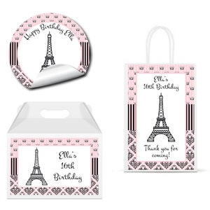 Pink Paris Eiffel Tower  Ooh la la Fancy Elegant Damask - PRINTED GLOSSY LABELS - For Party Favor Gift Bag Gable Box Round Square Sticker